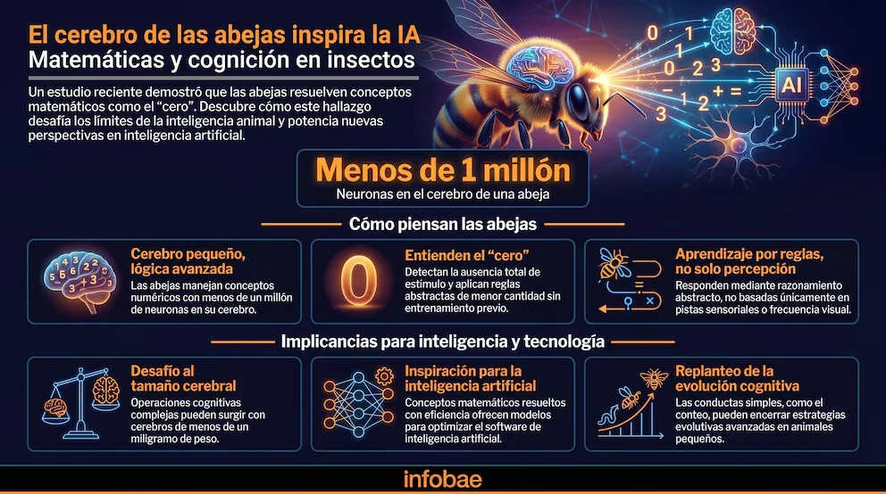 Infographie illustrant comment le cerveau des abeilles inspire l'IA, montrant une abeille avec un cerveau illuminé et des connexions neuronales avec des circuits d'IA et des nombres.