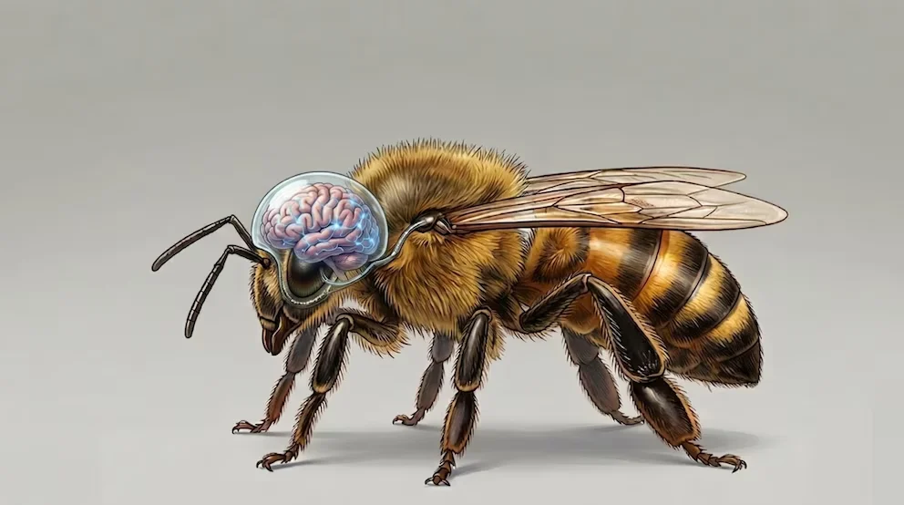 Illustration d'une abeille vue de côté avec son cerveau exposé à l'intérieur d'un dôme transparent au-dessus de sa tête, sur un fond gris lisse.