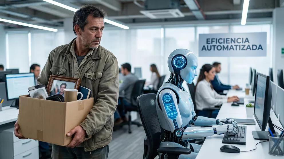 Un homme colombien d'âge moyen porte une boîte avec ses affaires dans un bureau moderne, regardant un robot humanoïde blanc qui tape sur un ordinateur.