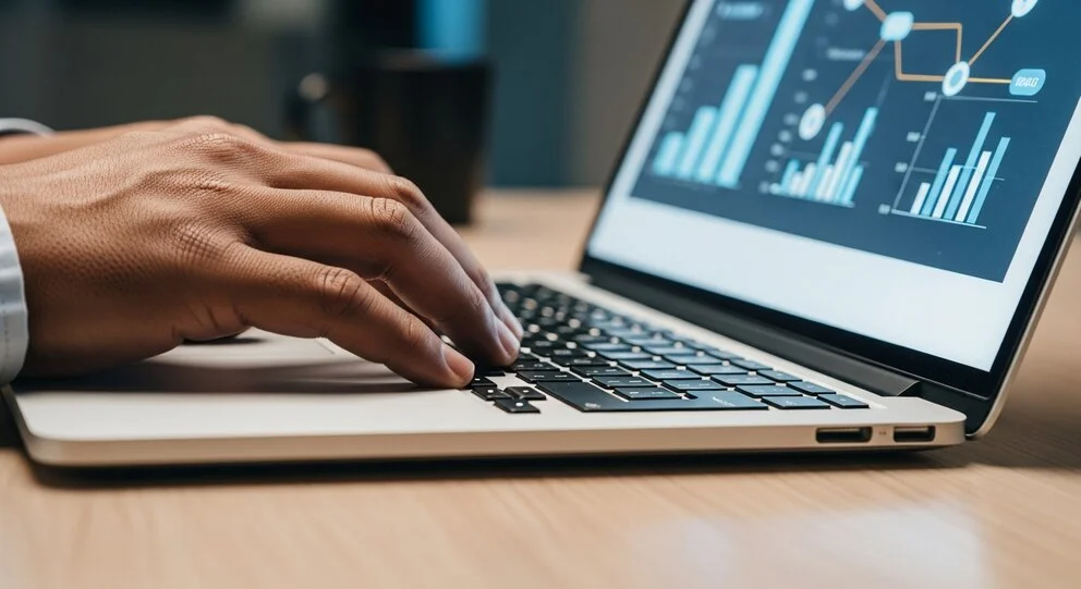 Photographie macro de mains de teinte de peau bronzée sur le clavier d'un ordinateur portable argenté. L'écran montre des graphiques à barres et des nœuds interconnectés.