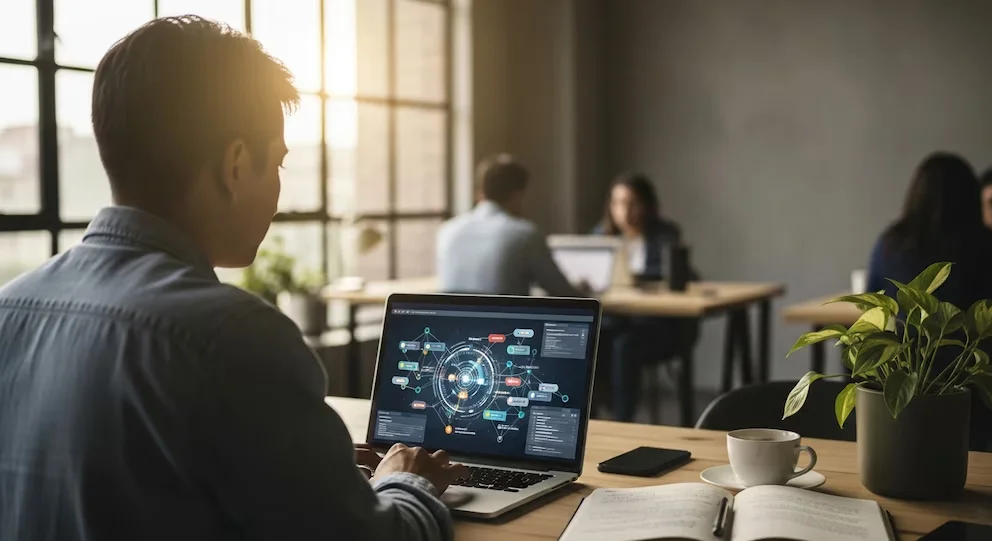 Homme assis de dos à un bureau de coworking, tapant sur un ordinateur portable avec une interface d'IA. On voit un cahier ouvert, une tasse de café et un téléphone à l'envers.