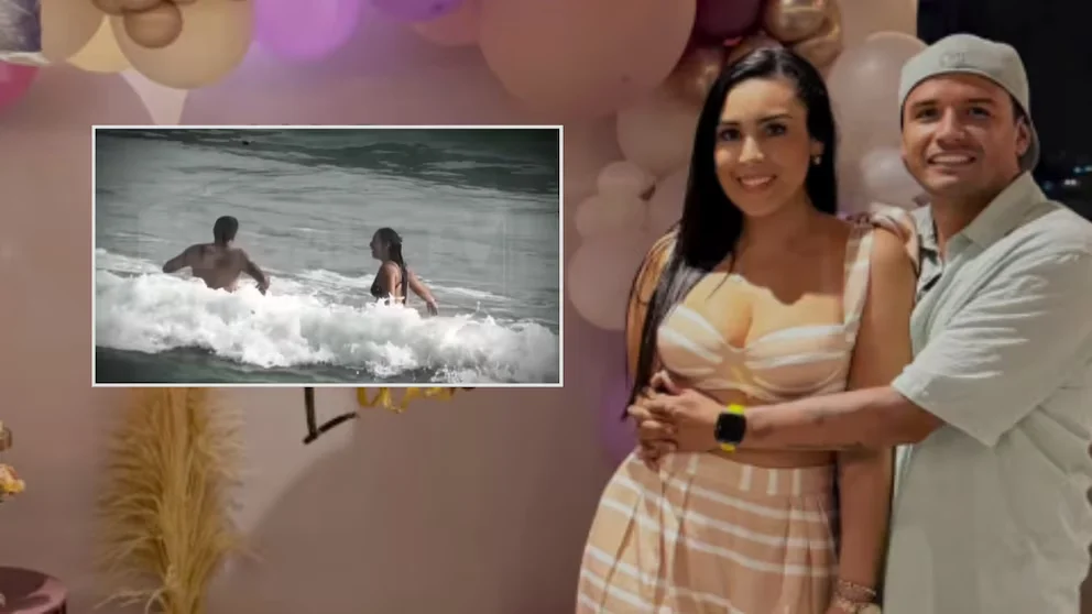 Lilia Moretti et Reimond Manco sourient en s'étreignant. Une photo incrustée montre deux personnes dans la mer, avec des vagues se brisant autour d'eux