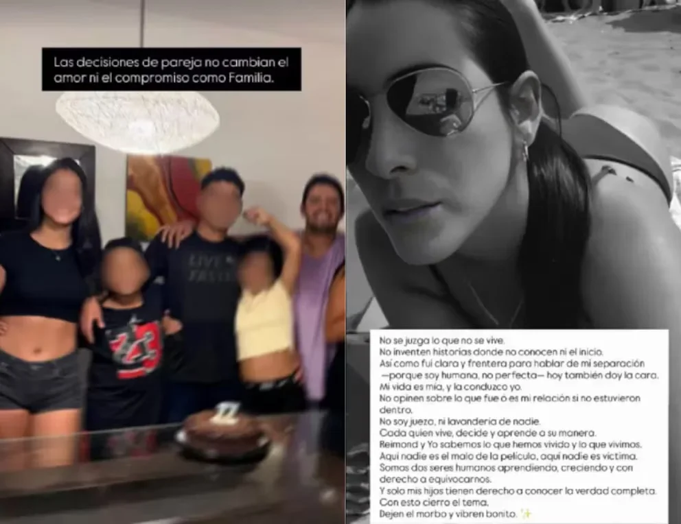 Une image divisée. À gauche, un groupe familial célébrant. À droite, Lilia Moretti en noir et blanc avec des lunettes de soleil, accompagnée d'un texte