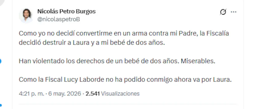 Nicolás Petro Burgos, fils du président Petro, a affirmé que la Procureur­ature a tenté de le détruire et d'affecter sa famille - crédit @nicolaspetroB/X