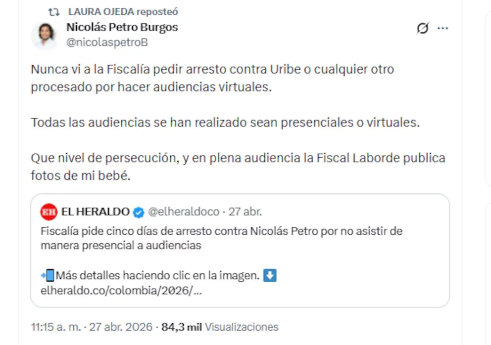Nicolás Petro Burgos a affirmé qu'il est victime d'une persécution de la part de la procureure Lucy Laborde - crédit @nicolaspetroB/X