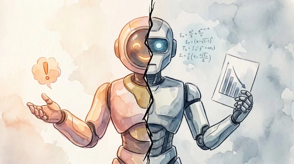 Robot humanoïde divisé verticalement. La moitié gauche est orange avec un œil souriant et une main ouverte avec une exclamation. La moitié droite est bleue avec un œil mathématique et un graphique descendant.