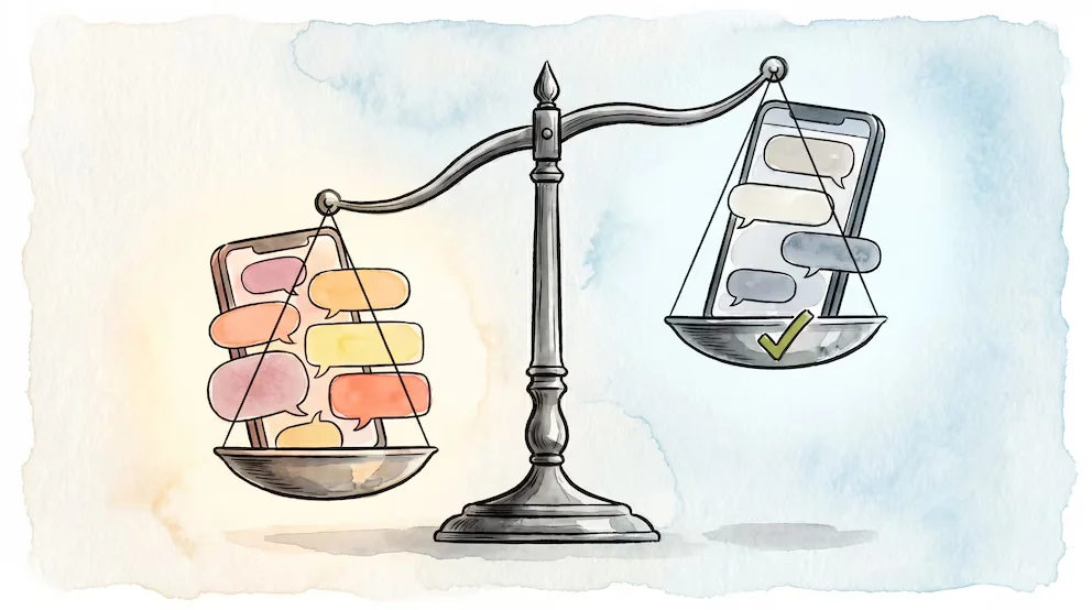 Balance de justice en aquarelle. Le plateau gauche bas a un smartphone avec beaucoup de bulles de chat chaleureuses. Le droit, un mobile avec peu de bulles froides et un vu vert.