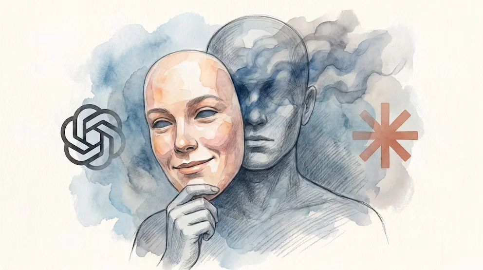 Illustration de buste avec un masque souriant chaud et un visage sérieux dans l'ombre derrière. Logos d'OpenAI et d'Anthropic flottent sur un fond d'aquarelle bleue et grise.