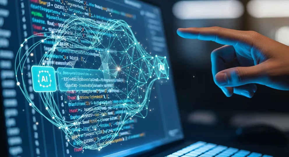Gros plan d'une main pointant vers un écran d'ordinateur sombre montrant des lignes de code bleu et un réseau complexe de nœuds lumineux.
