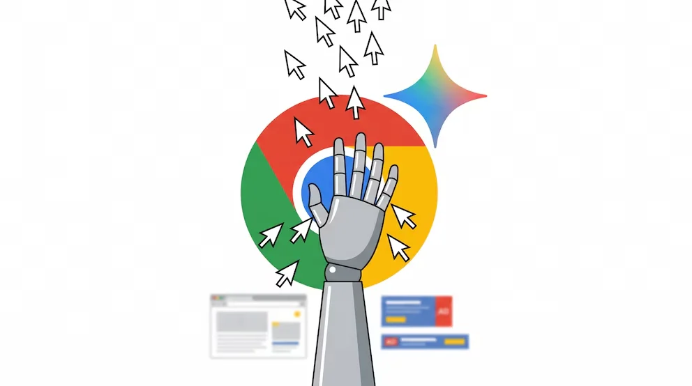Illustration conceptuelle d'une main robotique grise émergeant du logo de Chrome et Gemini, bloquant des pointeurs de souris noirs qui tombent, avec des fenêtres de navigateur floues en bas.