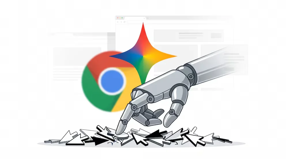 Illustration : Le logo de Gemini domine Chrome, une main robotique pousse des pointeurs de souris cassés, et des fenêtres de navigateur floues en arrière-plan.