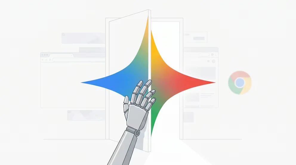 Une main robotique grise ouvre une porte blanche. Le logo vibrant de Gemini émerge, tandis que des fenêtres de navigateur et un logo flou de Chrome s'estompent à l'arrière-plan.