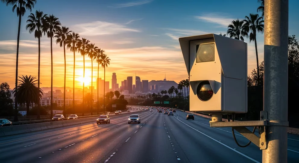 Caméra de vitesse sur l'autoroute de Los Angeles au crépuscule, avec du trafic, des palmiers et la silhouette de la ville sous un ciel orange.