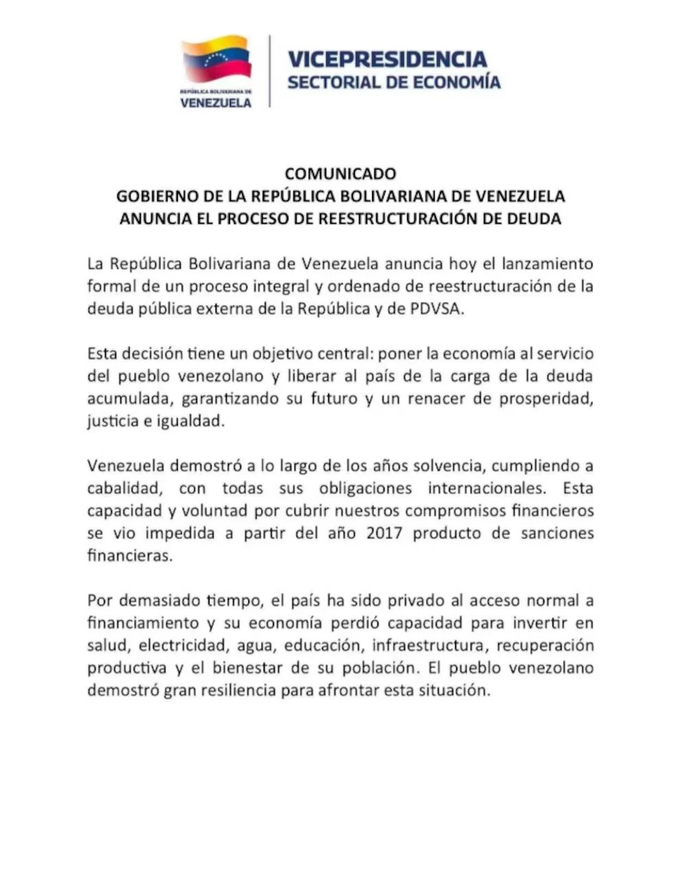 Un communiqué de la Vice-présidence sectorielle de l'économie du Venezuela détaille des stratégies pour étendre le potentiel économique du pays et restructurer sa dette