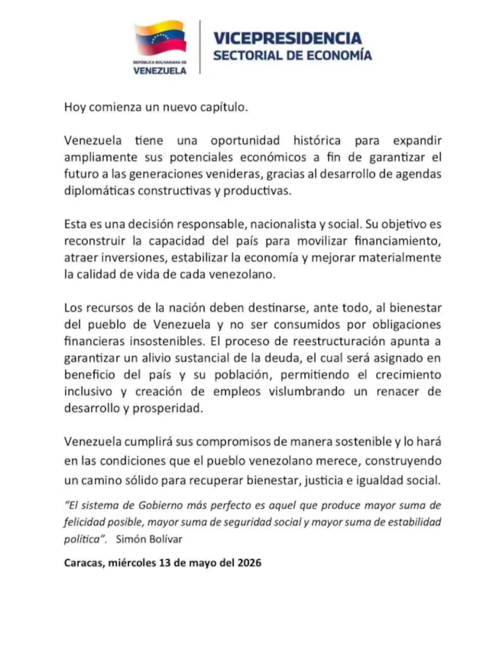 Un communiqué de la Vice-présidence sectorielle de l'économie du Venezuela détaille des stratégies pour étendre le potentiel économique du pays et restructurer sa dette