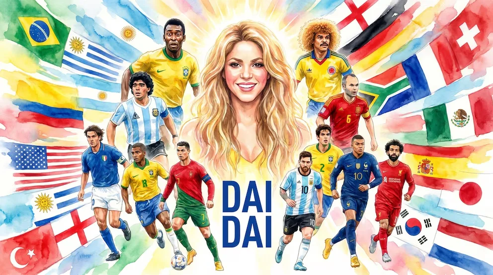 Illustration aquarelle de Shakira souriante avec une aura de lumière, entourée de douze légendes du football comme Pelé, Maradona et Messi, avec des drapeaux de multiples pays en arrière-plan.