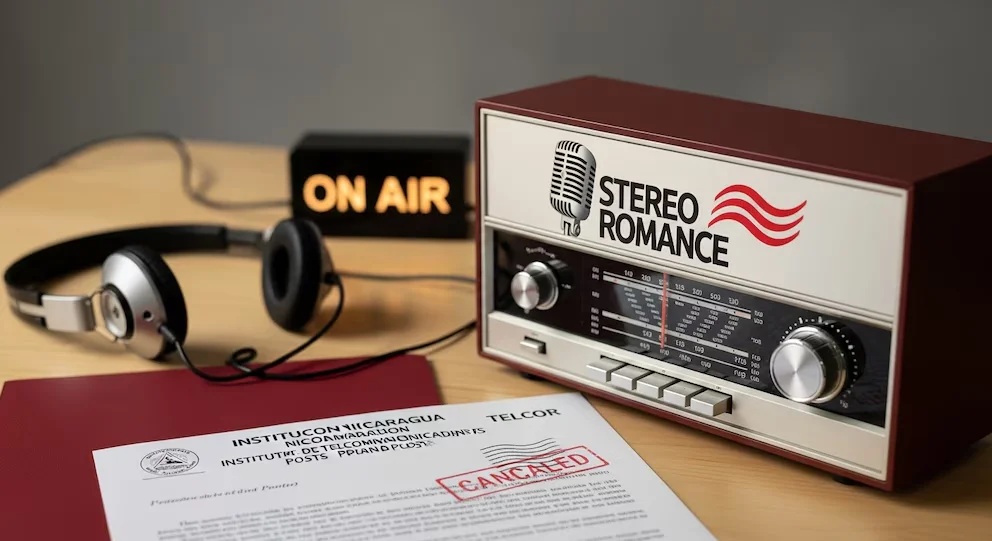Ancienne radio Stereo Romance sur une table en bois clair avec des écouteurs, un signal 'ON AIR' éteint et un document de Telcor estampillé comme 'annulé'.