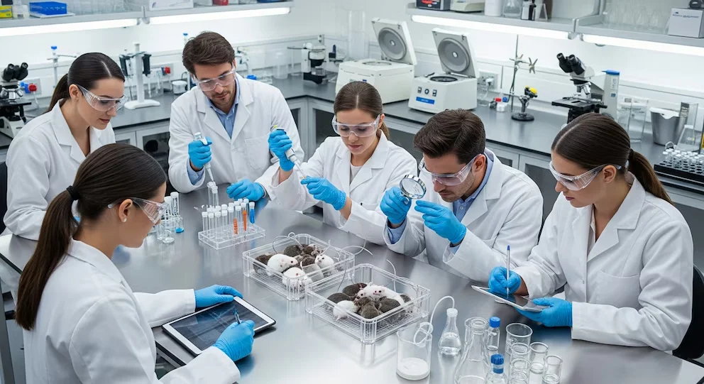 Six scientifiques en blouses et lunettes travaillant dans un laboratoire. Il y a des souris dans des cages, des tubes à essai, des microscopes et de l'équipement, avec des données enregistrées sur des tablettes.