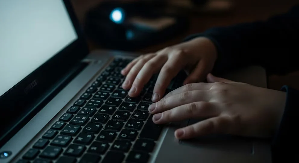 Gros plan des mains d'un enfant sur le clavier d'un ordinateur portable dans une pièce sombre, avec l'écran brillant illuminant légèrement.