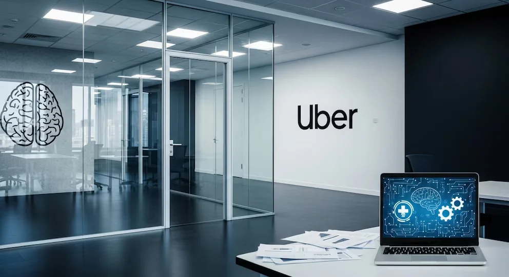 Bureau d'entreprise moderne avec des murs en verre et le logo d'Uber. Un ordinateur portable au premier plan affiche des icônes d'intelligence artificielle sur un fond bleu.