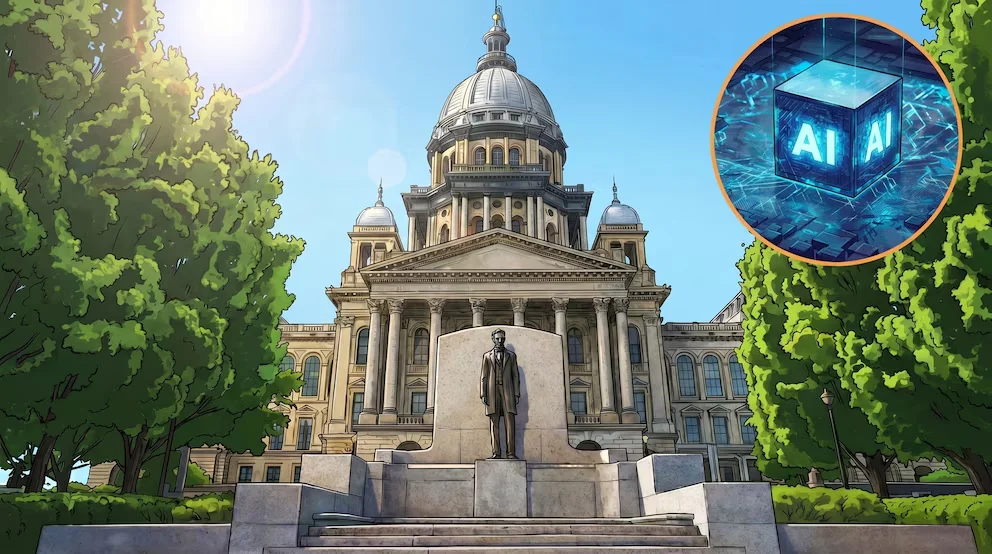 Vue frontale du Capitole de l'État de l'Illinois avec une statue d'Abraham Lincoln, flanqué d'arbres verts, sous un ciel bleu brillant ; un cercle orange superposé montre un cube IA.