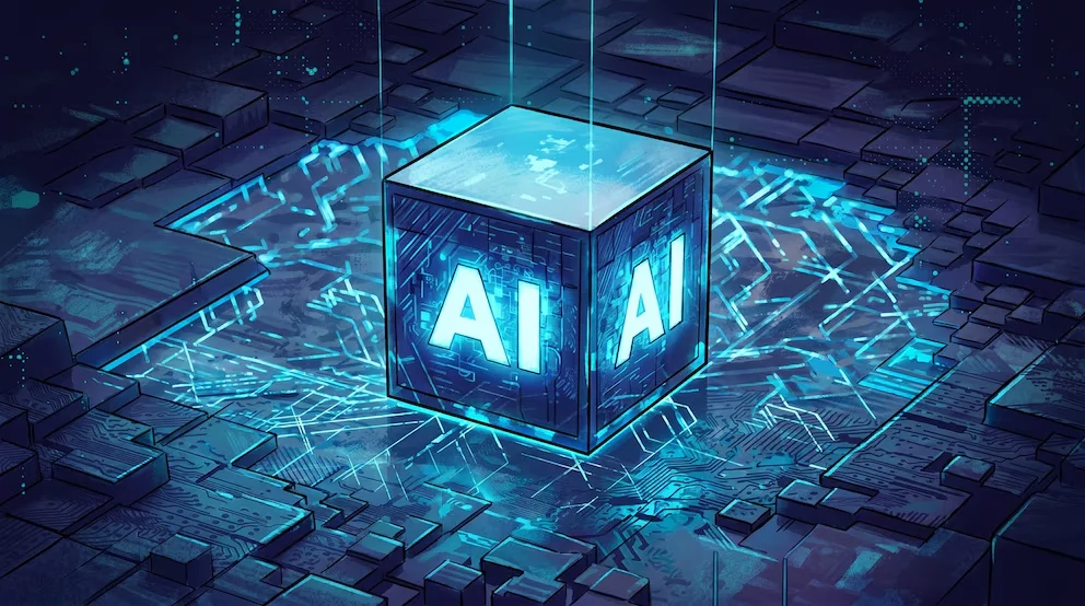 Un cube bleu brillant avec les lettres 