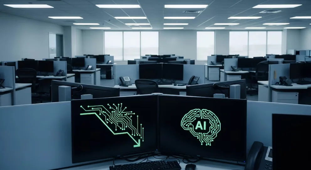 Vue panoramique d'un centre d'appel à Phoenix avec de nombreuses stations de travail vides. Les écrans montrent un circuit et un cerveau numérique avec 'AI'.