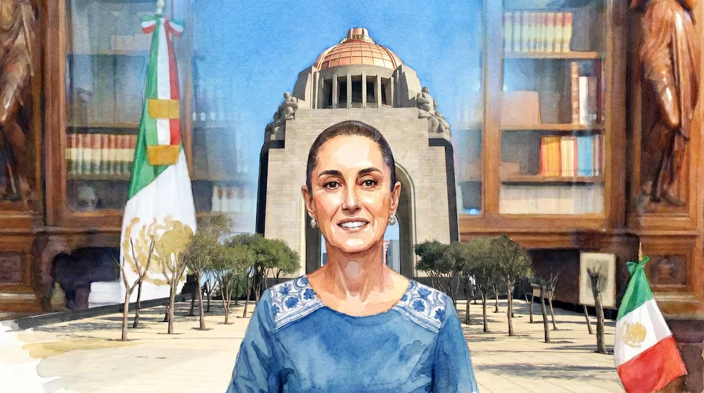 Portrait aquarelle de Claudia Sheinbaum souriant, devant le Monument de la Révolution, avec le drapeau du Mexique et des étagères de chaque côté.