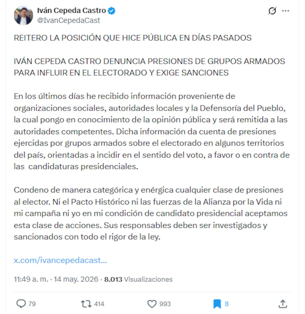 Le candidat du Pacto Histórico a affirmé qu'il a mis à la disposition des autorités les informations sur les actions affectant la transparence des élections du 31 mai 2026 - crédit @IvanCepedaCast/X
