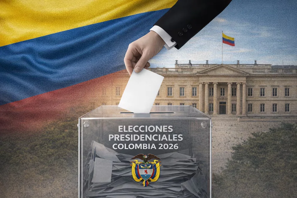 Main en costume dépose un vote dans une urne transparente avec l'emblème de la Colombie, texte 