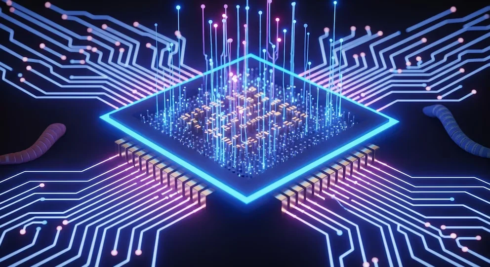 Illustration photoréaliste d'une puce CPU moderne sur un fond sombre, avec des lumières néon bleues et violettes émanant de ses circuits.