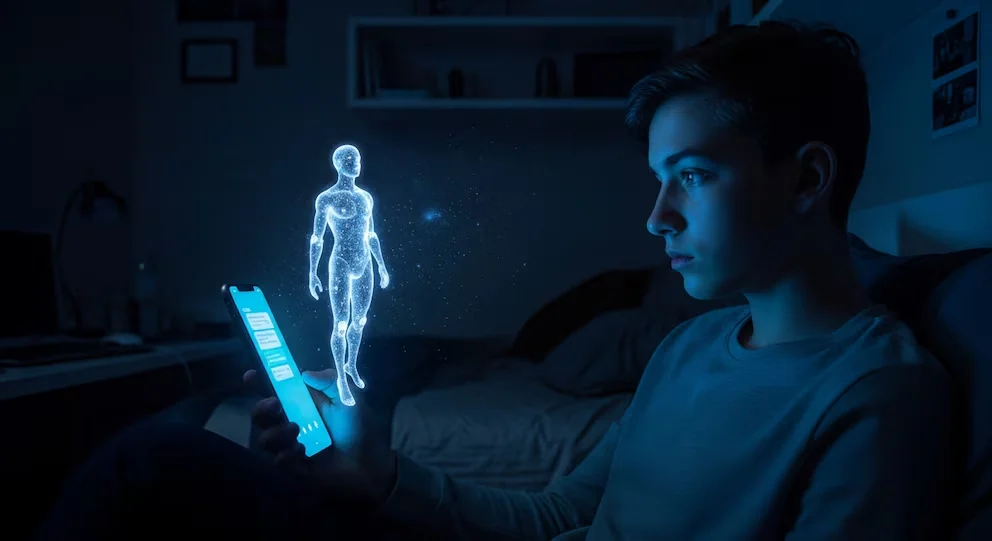 Une adolescente assise dans l'obscurité de sa chambre observe une silhouette humaine lumineuse projetée par son smartphone montrant une conversation.