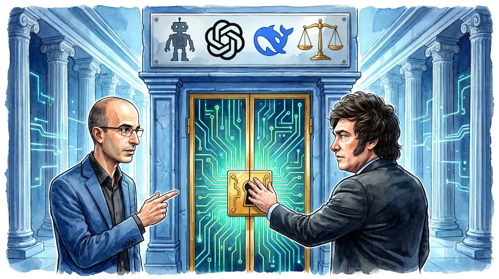 Illustration de Yuval Noah Harari pointant du doigt et Javier Milei frappant à une porte numérique. Au-dessus, des symboles de robot, OpenAI, DeepSeek et une balance.