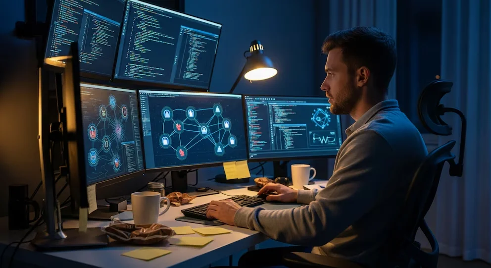 Un homme programmant à un bureau avec plusieurs moniteurs affichant du code et des diagrammes réseau. Une lampe et des tasses de café sont sur le bureau.