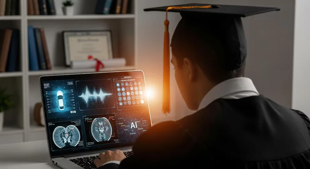 Vue arrière d'un diplômé universitaire en toge et en chapeau assis devant un ordinateur portable. L'écran affiche des graphiques et des applications d'intelligence artificielle.