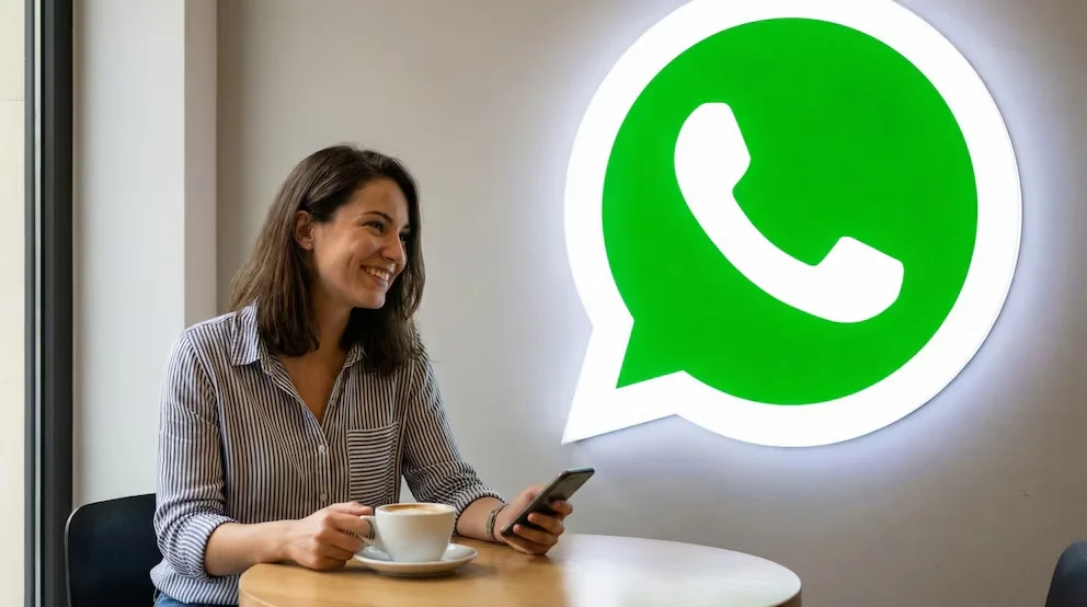 Jeune femme assise à une table de café utilisant son mobile à côté d'un grand logo WhatsApp sur le mur.