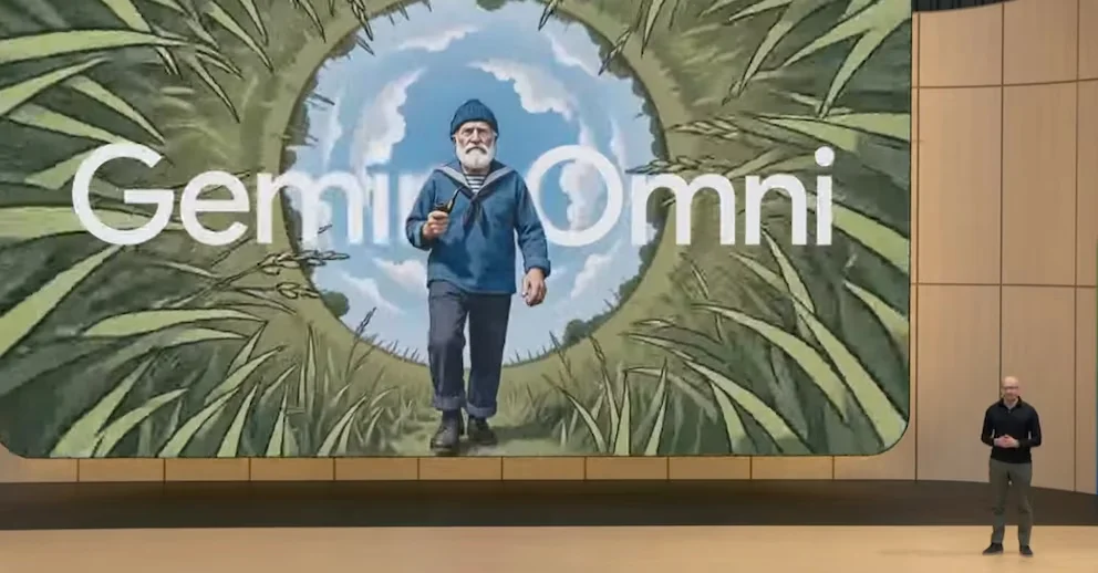 Demis Hassabis de pied en el escenario frente a una gran pantalla que muestra una animación de un anciano marinero con barba y pipa, junto al texto 