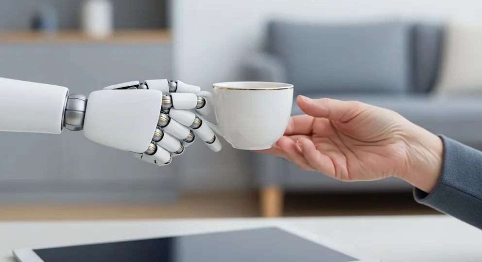 Main robotique blanche et argentée délivrant une tasse blanche à une main humaine avec de douces rides. Fond flou d'un environnement domestique moderne avec une tablette.