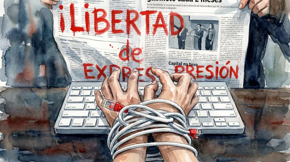 Illustration d'aquarelle montrant des mains liées à un clavier avec un câble Ethernet, tandis que d'autres mains tiennent un journal avec 'LIBERTÉ d'EXPRESSION' en rouge.