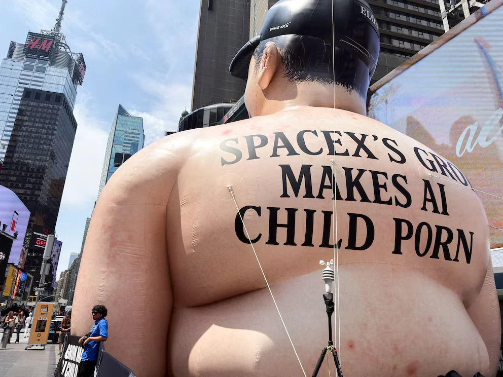 Phantom d'une caricature d'Elon Musk pour critiquer l'IA de son réseau social X à propos des cas d'images sexualisées de mineurs. (Reuters)