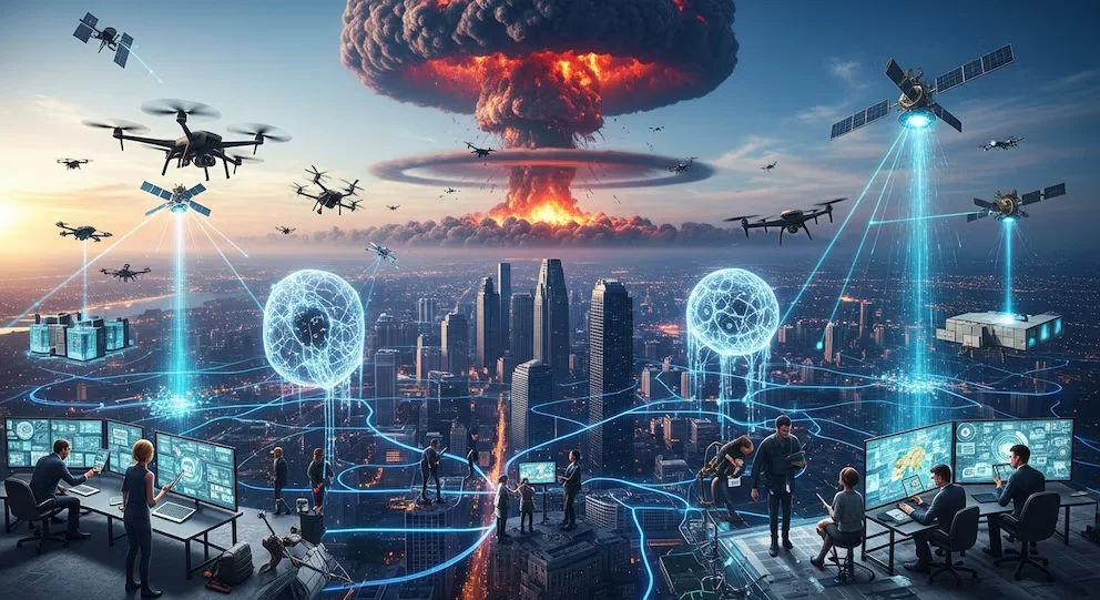 Ville futuriste avec des drones volant, des satellites, des orbes d'énergie, et une explosion nucléaire à l'horizon. Des personnes observant des écrans de données.
