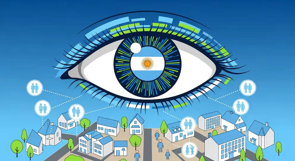Oeil digital bleu et vert avec drapeau argentin dans l'iris, observe une ville avec des maisons, des personnes et des figures connectées à des jumeaux numériques.
