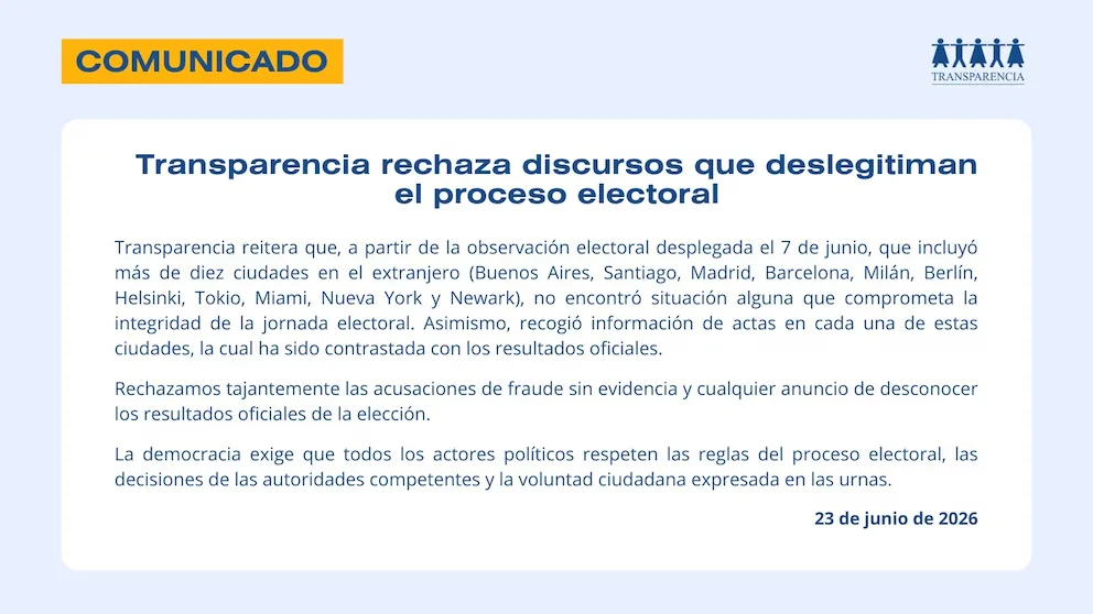 Transparence - Élections 2026 - Second tour électoral - Roberto Sánchez - Fraude - Pérou - 23 juin