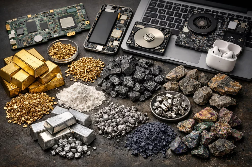Vue aérienne de composants électroniques démontés, comme une carte mère et un portable, entourés de piles d'or, d'argent, de lithium, de cobalt et de diverses roches minérales.