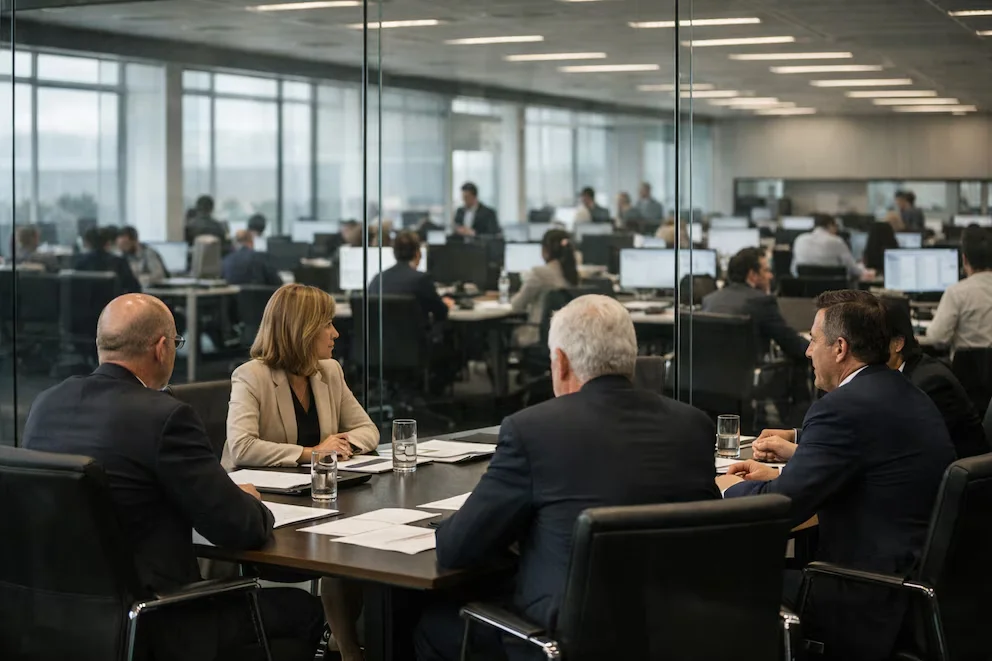 Quatre personnes assises autour d'une table de réunion en bois avec des papiers et des verres d'eau, et en arrière-plan, un bureau ouvert avec des dizaines d'employés à leurs bureaux.