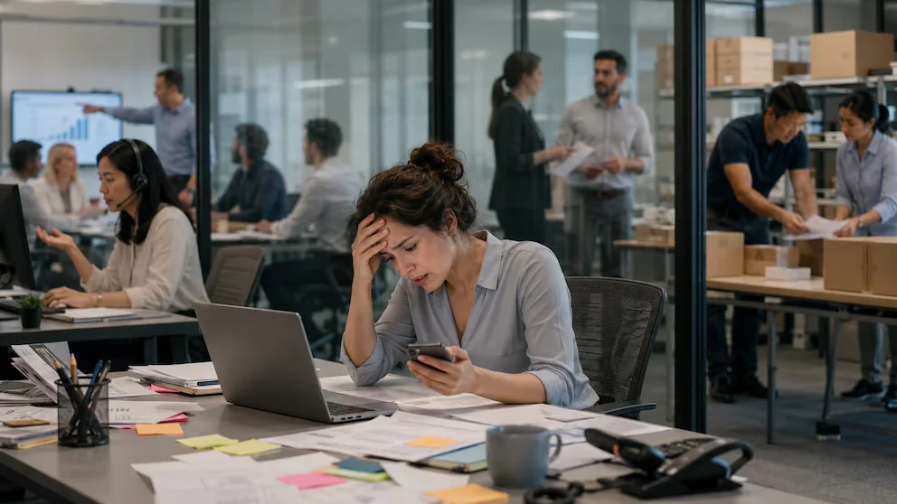 Femme avec une expression frustrée regardant son téléphone sur un bureau en désordre dans un bureau moderne et animé, avec d'autres employés travaillant en arrière-plan