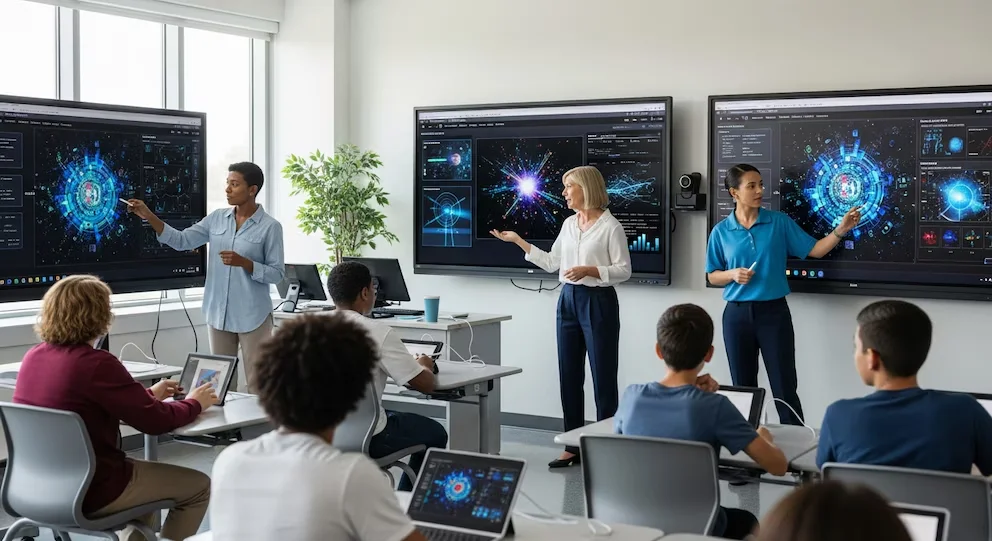 Trois enseignantes présentent devant de grands écrans interactifs avec des graphiques d'intelligence artificielle à un groupe d'étudiants dans une salle de classe moderne.