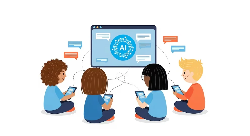 Trois enfants et adolescents assis en cercle, tenant des tablettes et des téléphones, regardant un écran flottant avec un logo d'intelligence artificielle.