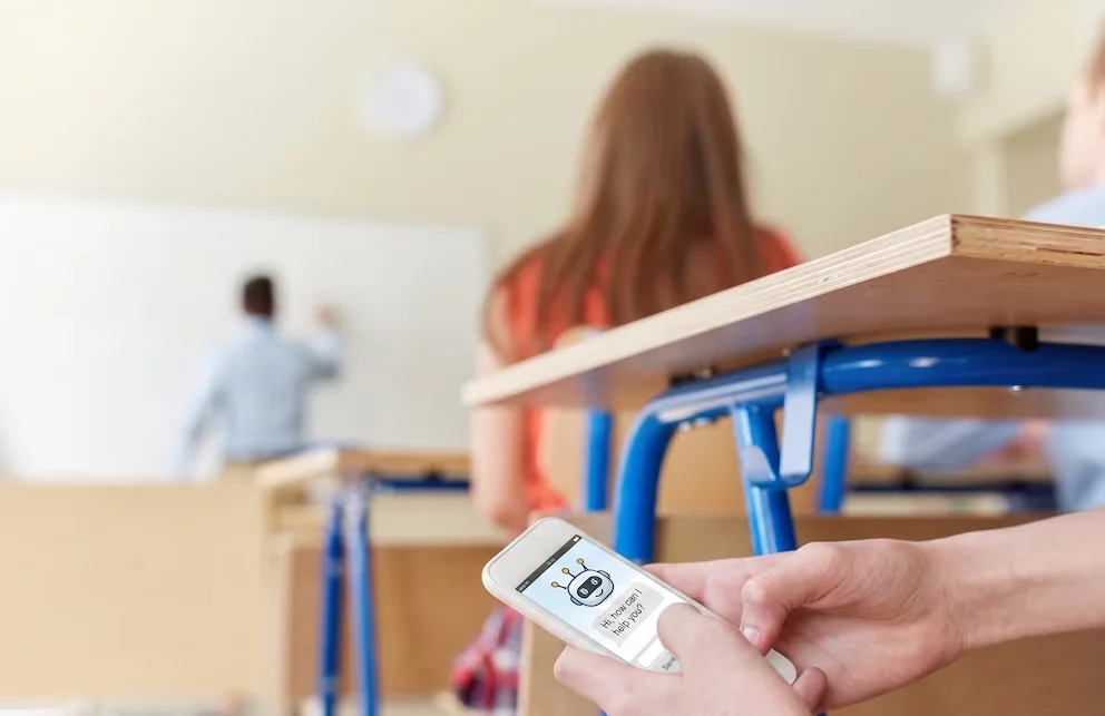 Gros plan de mains tenant un téléphone mobile avec une application de chatbot ouverte. À l'arrière-plan, des étudiants et un professeur dans une salle de classe avec des pupitres et un tableau.