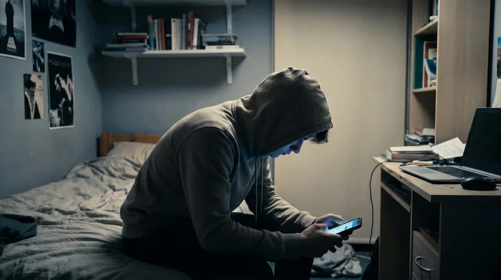 Un adolescent avec une capuche est assis de côté sur un lit en désordre dans une chambre faiblement éclairée, utilisant un téléphone portable qui éclaire son visage. On voit des posters et un bureau.